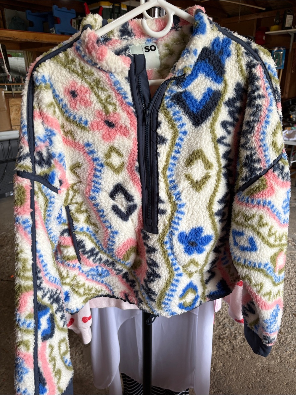 SO Fuzzy Aztec-Print Half-Zip Pullover in Blue, Pink, Olive & Cream